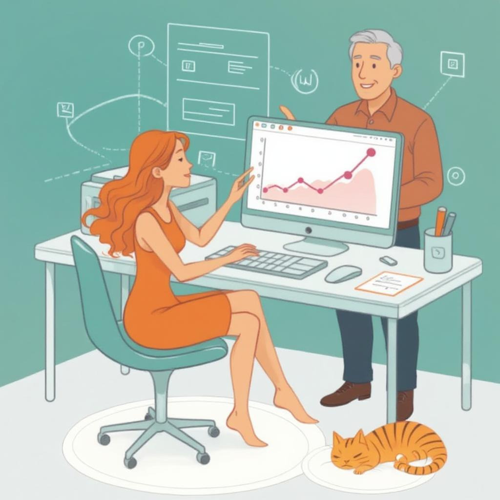 Illustration of a person working assisted in front of a computer
